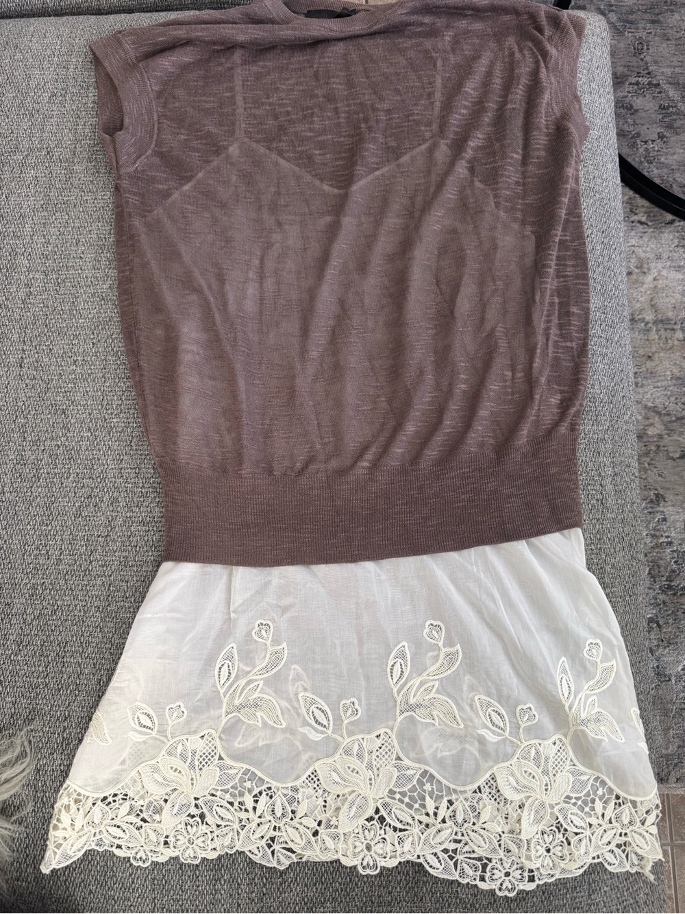 Zara Mauve Brown Knit Mini Dress with Ivory Lace Hem 2 pcs BNWOT